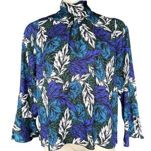 $99 Vince Camuto Woodland Floral Blue Green Flutter Cuff Mock Neck Blouse Size M